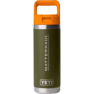 An olive green Yeti bottle with an orange lid, printed with the Matterhaul logo